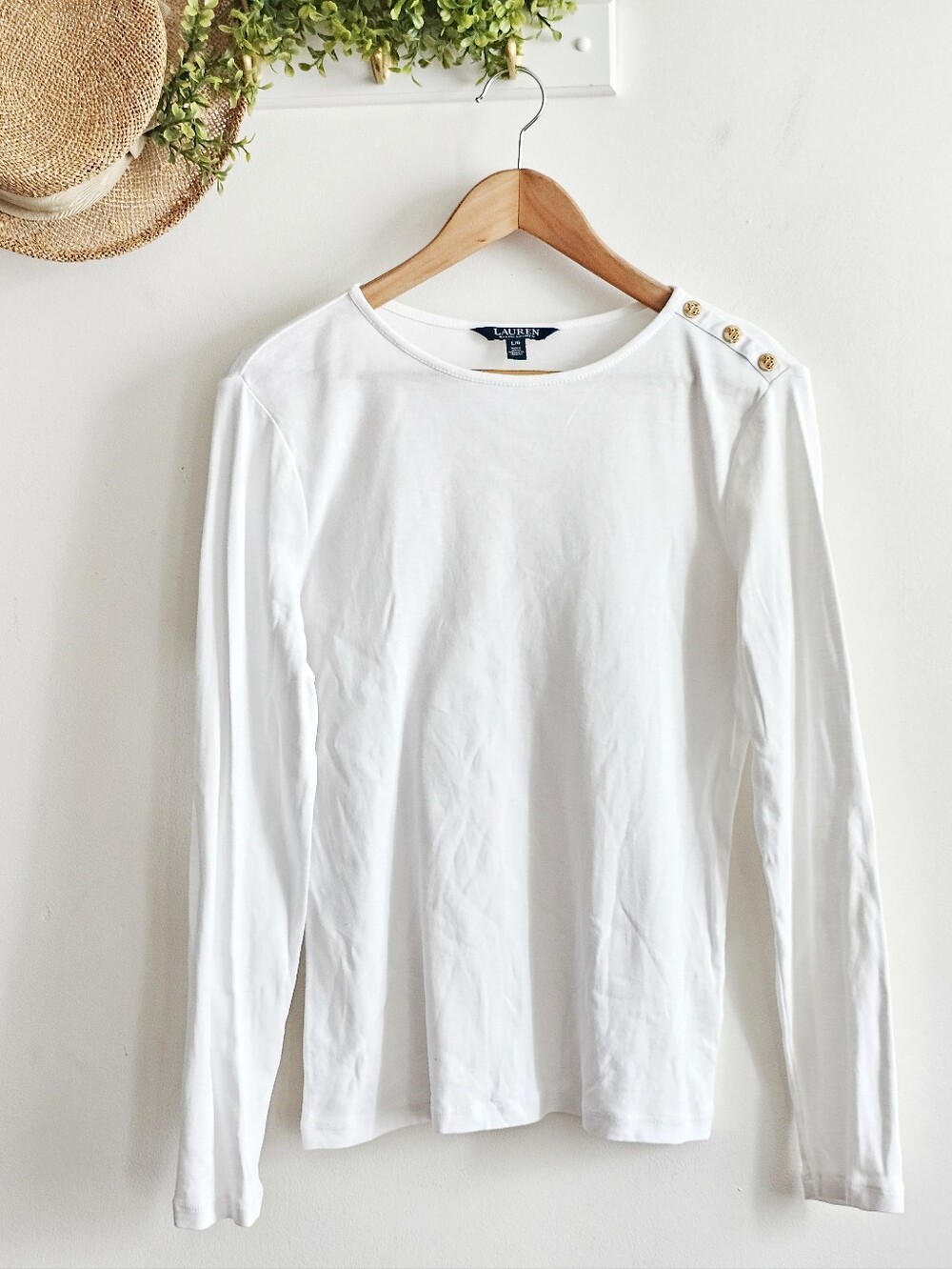Lauren Ralph Lauren White Cotton Long Sleeve Top Gold Logo Buttons L
